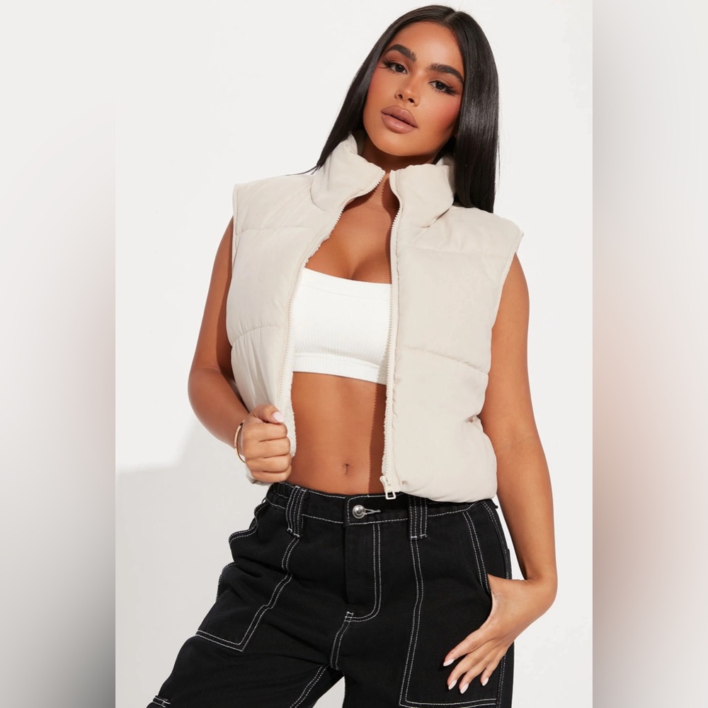 Cropped Puffer Vest - Tan/Cream